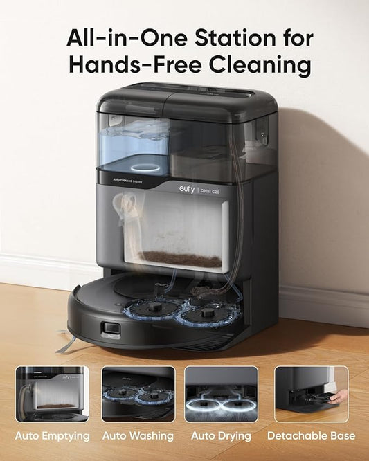 eufy Omni C20 Robot Vacuum and Mop Combo, All-in-One Station, Auto Mop Washing and Auto Drying for Hands-Free Cleaning, 7000 Pa Powerful Suction, Self Emptying, 3.35-Inch