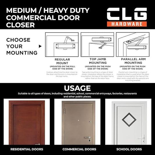CLG HARDWARE Medium/Heavy Duty Commercial Door Closer DC7016 - Surface Mounted, Grade 1- ADA & UL 3 Hour Fire Rated, Adjustable Size 1-6 for Entrances & Aluminum Storefronts - US26D Aluminum