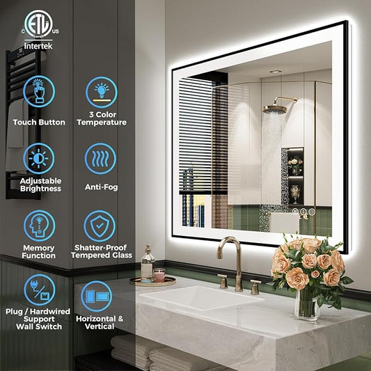 YEELAIT 36x36 Inch LED Bathroom Mirror with Lights (Front Lit and Backlit) Black Framed Lighted Vanity Mirror for Bathroom Wall Dimmable Anti-Fog Memory Tempered Glass Horizontal/Vertical