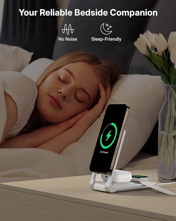 Wireless Mag-Safe Charger Stand for iPhone 16 Pro Max, 3 in 1 Charging Station for Multiple Devices, Metal Foldable Travel Charger for Apple Watch & AirPods, Built-in Retractable USB-C Cable, White