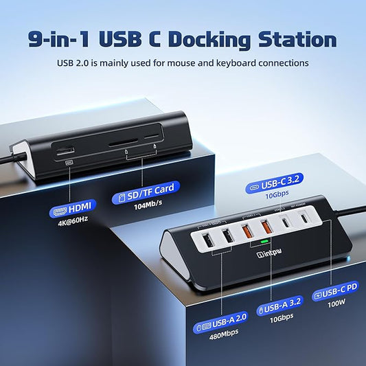 intpw USB C Hub 10Gbps, 9-in-1 USB C Docking station with 4K@60Hz HDMI, Type-C & 2 Type-A 3.2, 2 USB-A 2.0, PD 100W, SD/TF Port, Black Aluminum USB Hub for Laptop, iPhone 16/15 Series, MacBook Air/Pro
