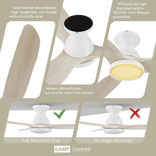 SMAAIR Smart Ceiling Fans with Lights Damp Covered, Solid Wood Flush Mount, Tri-Color Temperatures LED Dimmable,Quiet Reversible Motor, Works with Alexa|Google Assistant|Siri Shortcuts (52inch, White)