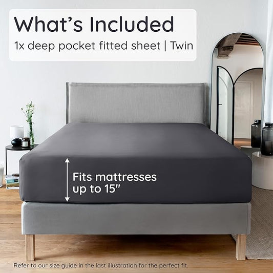 Bambaw 100% Viscose Derived from Bamboo Fitted Sheet Twin Size, Cooling Fitted Sheet with Corner Straps, Twin Mattress Fitted Sheet Only, 15’’ Deep Pocket Single Fitted Sheet Twin Size (Charcoal)