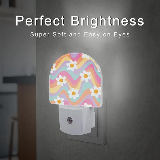 sndheke Groovy Hippie Daisies Flowers Night Light for Kids,Retro Rainbow Wavy Floral Night Light Plug in with Dusk to Dawn Sensor,0.5w Energy Saving Nightlight for Hallway Stairway Kitchen Bedroom