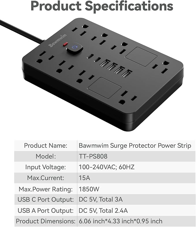 Bawmwim Surge Protector Power Strip - 8 Outlets(1850W/15A) with 6 USB Ports(2 USB C, 6FT Flat Plug Extension Cord, Wall Mount Multi Plug Outlet Extender, ETL Listed for Home, Dorm Room, Black