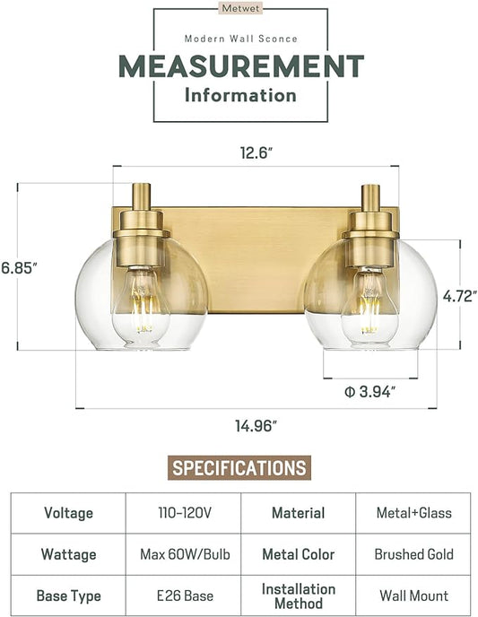 METWET Bathroom Light Fixtures, 2 Light Brushed Gold Vanity Light, Modern Wall Sconces with Clear Glass Globe Shade, Bathroom Wall Lights Over Mirror Kitchen Bedroom Hallway, VL195-GD-2
