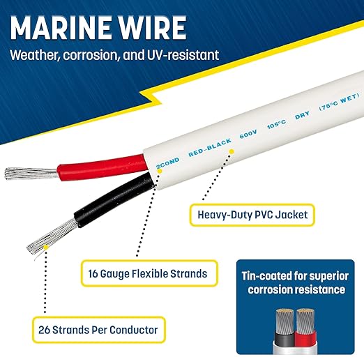 GS Power 100 Ft Duplex Marine Wire, 16 Gauge Wire, Oxygen-Free Tinned Copper 16 AWG Electrical Boat Wiring, Sheathed Copper Marine Grade Electrical Cable for Boat Automotive RV Camper Trailer