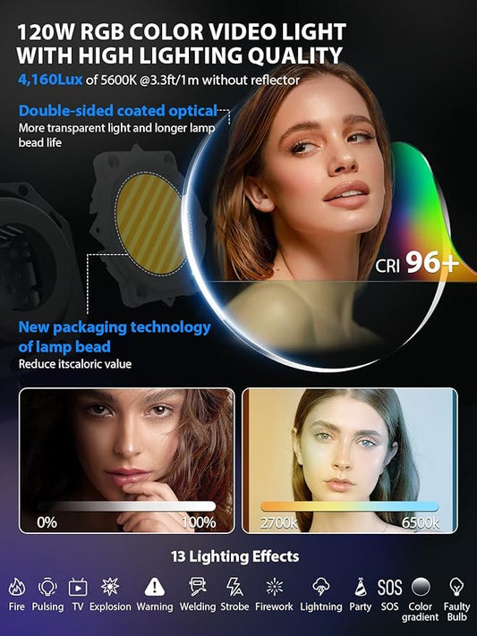 Video Light, COLBOR CL120R RGB 120W Continuous Lighting M/G Balance 2700~6500K CRI96+ Studio Light with Bowens Mount 13 Light Effects for Film Live, Video-Light-Studio-LED-Photography
