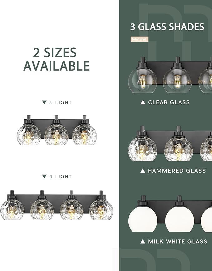 METWET Bathroom Light Fixtures Over Mirror, 26" Matte Black Vanity Light with Clear Hammered Glass Globe Shade, 4-Light Modern Sconces Wall Lighting for Bedroom Hallway, VL200-MB-CL-4