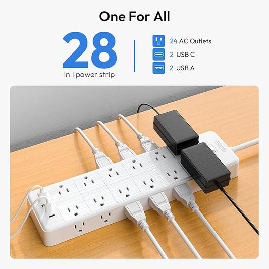 24 Widely Outlets Extension Cord 15 Ft NTONPOWER Long Extension Cord Surge Protector with 4 USB Ports,15A/1875W Power Strips with Surge Protection 4000J, Wall Mount Holes for Home, Office(White)