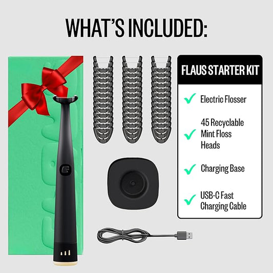 FLAUS Electric Flosser (Oprah's List, Shark Tank) 3 Speeds + 45 Refill Heads (Extra Strong Woven Floss for Durability) Water Flosser Alternative, Dentist Recommended Tooth Flossers Dental Floss Picks