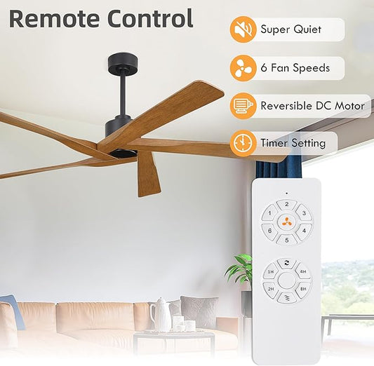 WINGBO 54" ABS DC Ceiling Fan No Light, 5 Blade Wood Grain ABS Ceiling Fan with Remote, 6-Speed Reversible DC Motor, Ceiling Fans without Light for Kitchen Bedroom Living Room, Matte Black and Walnut