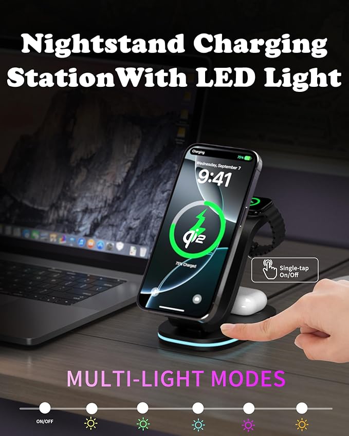 3 in 1 Wireless Charging Station for Qi2 Apple Multiple Devices, 30W USB C Adapter&Light, Fast Mag-Safe Charger Stand Compatible with iPhone 16 15 14 Pro Max, Apple Watch Series 10 9 & Airpods 4 3 Pro