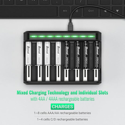 BONAI AA AAA Rechargeable Batteries Charger Set, 4 Pack 2800mAh AA and 4 Pack 1100mAh AAA NiMH Batteries with Smart Universal Battery Charger