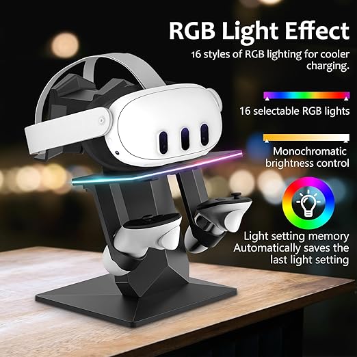 Bioherm Charging Dock Compatible with Meta Quest 2/ Quest 3/Quest 3S/Quest Pro,RGB Charging Vertical Stand,Accessories with Brightness Adjustment and 14 Light Effects Adjustment, Type-C Charging Port