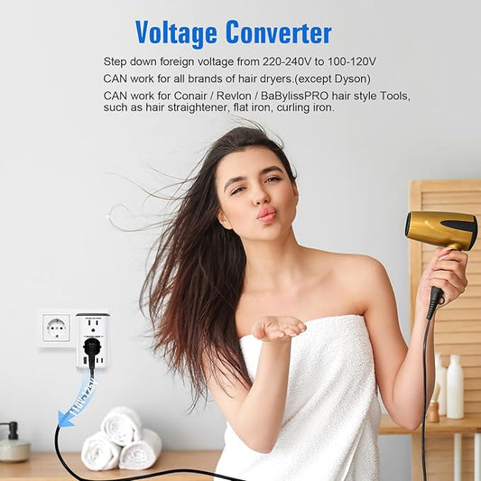 Voltage Converter Us to Europe, 220v to 110v Power Adapter, European Plug Power Converter 2500w, Transformer for Curly Hair Dryer, Travel Adapter Worldwide Step Down,