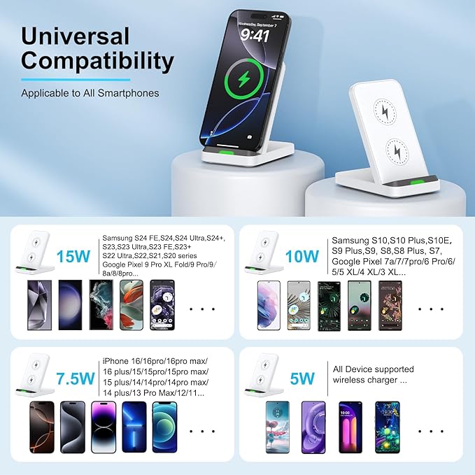 Wireless Charger Stand Fast Charging for Samsung Galaxy S25 S24 FE S23 S22 S21 Z Fold 7, Android Phone Desk Wireless Charging Station for Google Pixel 9 Pro XL Fold 8a 8 7, iPhone 16 15
