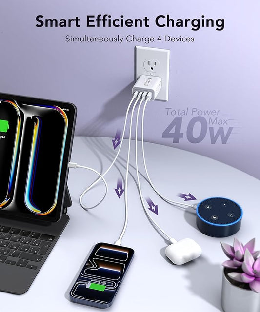 3 Pack Fast Charging Block, 40W 4-Port Charger Cube Power Brick Plug Box Base Adapter for iPad/Pro/Mini, Compatible with iPhone 13/14/15/16/17,Galaxy, Motorola,Sony, Google Pixel, Tablet