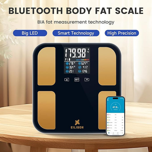 EILISON Smart Bathroom Scale with 4 Electrodes & BIA Technology High-Precision Body Fat Analyzer,Large Color Night Vision Touchscreen,Bluetooth App Sync for 19 Metrics,400LBS Capacity (Smart Black)