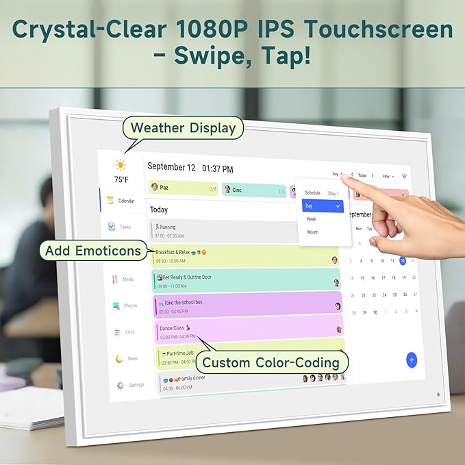 21.5 Inch Smart Digital Calendar β Electronic Chore Chart & Planner with 1920x1080P IPS Touchscreen, Weekly/Monthly Family Organizer for Wall or Desk, White 2025 New Version