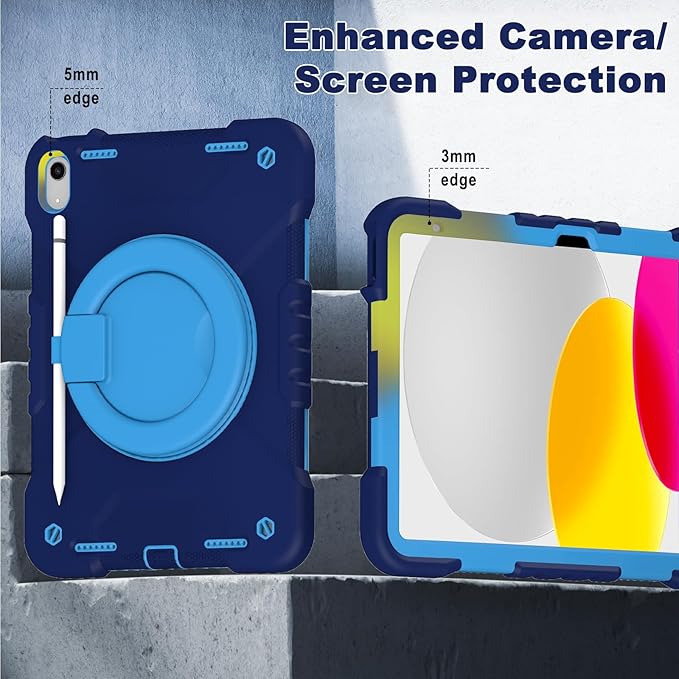 Case for iPad (A16) 11th Generation 11 inch 2025/10th Generation 10.9 inch 2022, Heavy Duty Shockproof Kids Protection Cover with Pencil Holder/360° Rotating Stand/Handle/Shoulder Strap, Navy Blue