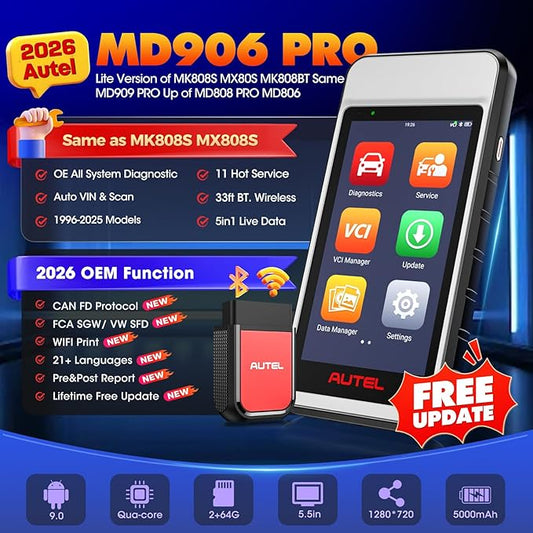 Autel Scanner MaxiDIAG MD906 PRO All System Diagnostic Tool, 2026 MD906PRO Same as MD909 PRO Bluetooth Ver. of MaxiCOM MK808S MX808S, 11 Service, Upgrade of MD808Pro MD806, CAN FD, No Subscription Fee