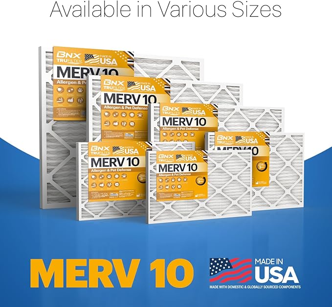 BNX TruFilter 20x20x1 MERV 10 (4-Pack) AC Furnace Air Filter - MADE IN USA - Pleated Air Conditioner HVAC AC Furnace Filters - Removes Odor, Mold, Bacteria, Smoke