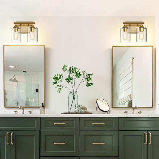 XPEHK Gold Vanity Lights for Bathroom,2-Light Bathroom Light Fixtures,Brushed Brass Gold Wall Sconce Lighting,Modern Wall Lamp for Mirror Bedroom Vanity Table Hallway