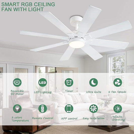 KNUN 48 Inch White Ceiling Fans with Lights and Remote/APP Control, Low Profile Ceiling Fan, 8 Blades,LED Dimmable, Reversible DC Motor, Noiseless Ceiling Fans for Bedroom Indoor/Outdoor Use