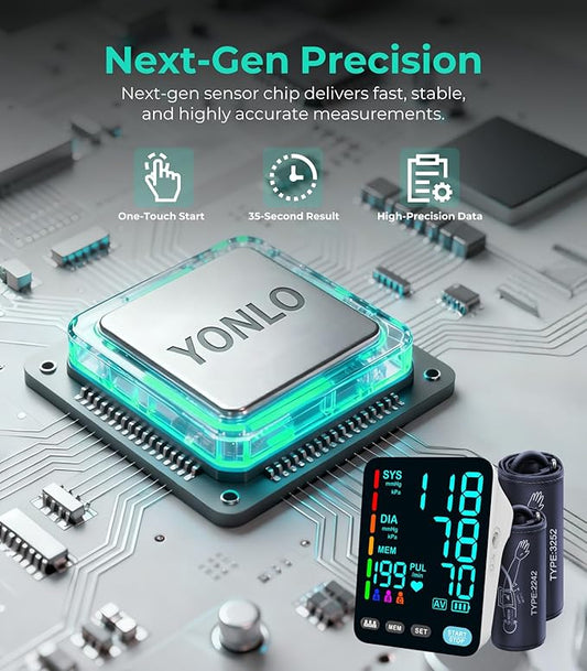 YONLO Blood Pressure Monitor, Automatic Upper Arm Blood Pressure Monitors for Home Use, 2 Blood Pressure Machine Cuff(9-17in & 13-21in) with Large LED Backlit Display, 3x199 Reading Memory Users White