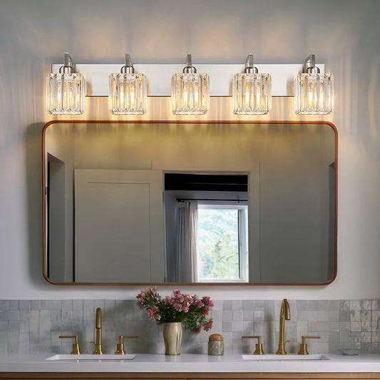 FDPBY Modern Bathroom Vanity Light 5-Lights Brushed Nickel Vanity Light Crystal Wall Light Bathroom Light Fixtures