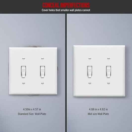 ENERLITES Toggle Switch Wall Plate, 2-Gang 4.88" x 4.92", Mid-Size, UL Listed, 8812M-W-10PCS, White (10 Pack)