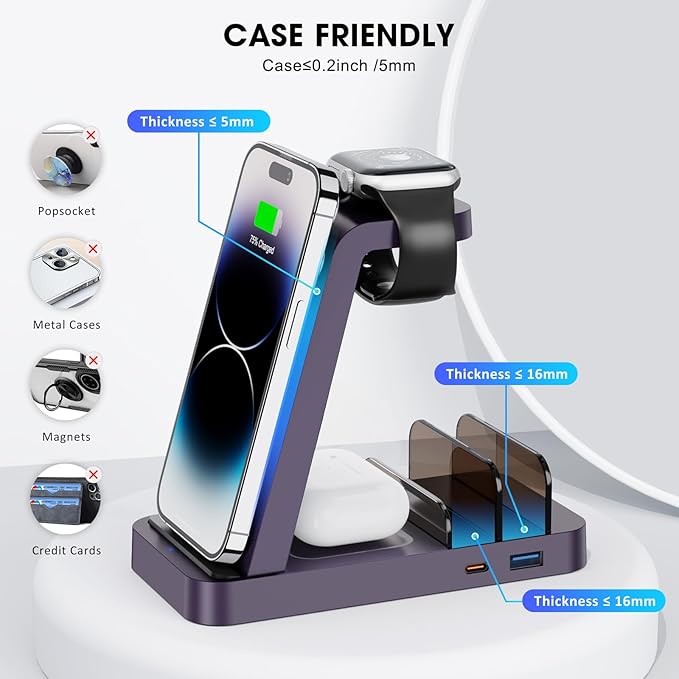 Wireless Charger for iPhone - 5 in 1 Charging Station for Multiple Devices Apple: Fast Wireless Charging Stand Dock for iPhone 16e 16 15 14 13 12 Pro Max Apple Watch Airpods (Purple)