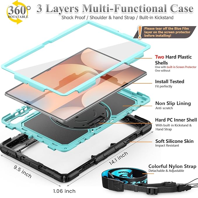 SEYMAC stock Case for Samsung Galaxy Tab S10 Ultra / S9 Ultra Tablet Case 14.6'' with Screen Protector, Pencil Holder, 360 Rotate Stand, Hand Strap, Shoulder Strap, Skyblue1