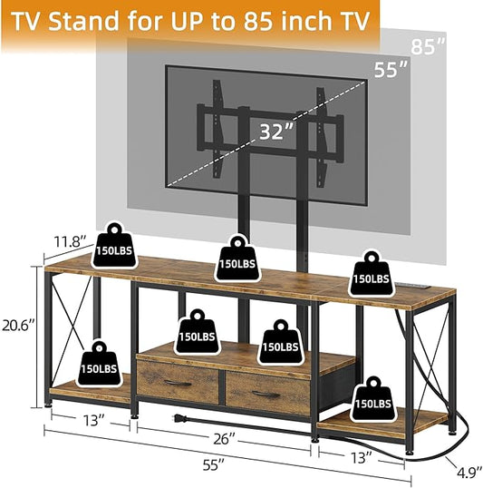 GYIIYUO LED TV Stand with Mount and Power Outlet & Fabric Drawers for 32-85 Inches TV - Entertainment Center and Corner Tv Stand for Living Room, Bedroom- 55" Rustic Brown (MAX VESA 600mm × 400mm)