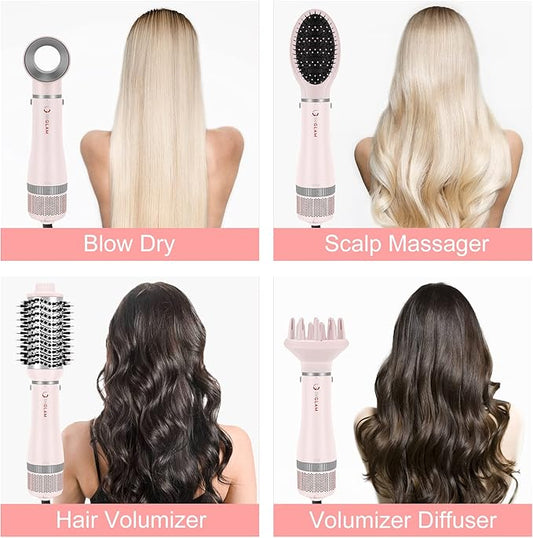 IG INGLAM 4 in 1 Blowout Hair Dryer Brush Set - Negative Ion Detachable Hair Dryer, Volumizer Styler with 2 Brush Heads, Pink