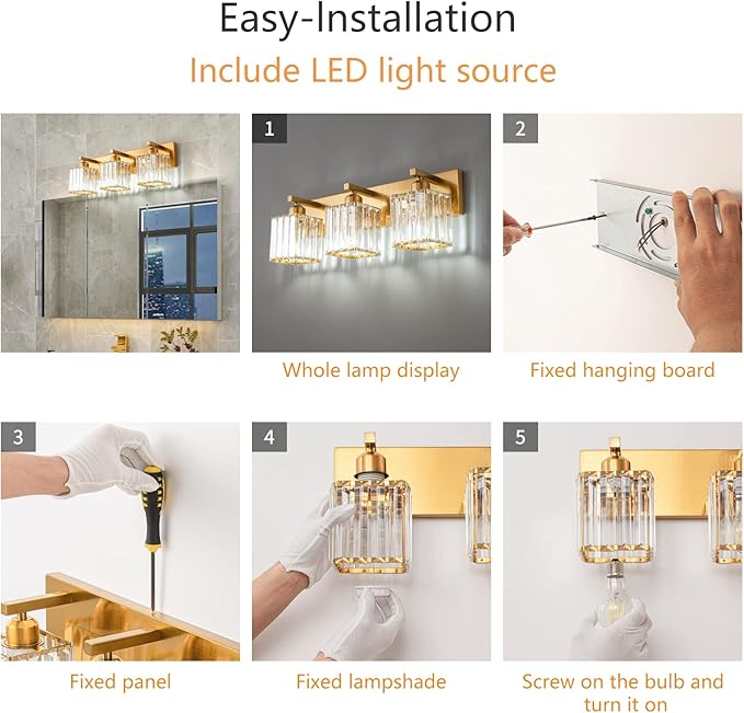 FDPBY Modern Bathroom Vanity Light 3-Lights Gold Crystal Bathroom Wall Light Vanity Light Fixtures,20.47-inch Modern Minimalist Design