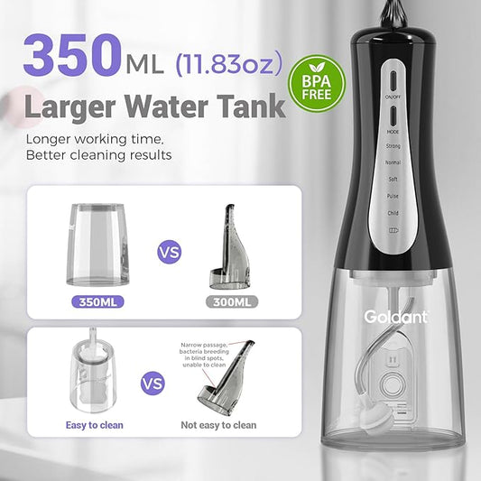 GOLDANT 350ML Water Dental Flosser Teeth Pick with Travel Bag, 5 Modes Portable Cordless Oral Irrigator Cleaner, Electric Rechargeable IPX7 Waterproof for Home Travel Teeth Cleaning flossing(Black)