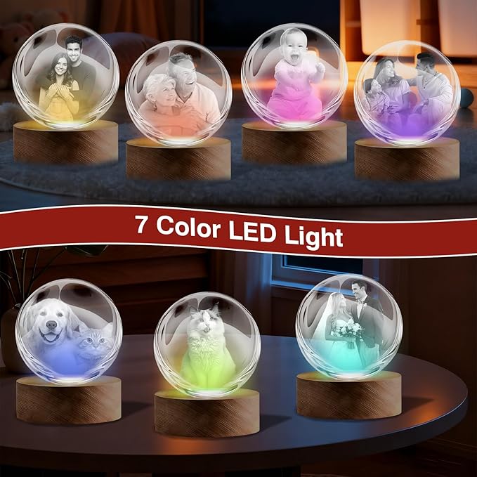 LOVEVEN Personalized 3D Crystal Ball Night Light - Custom Photo Snow Globe Lamp for Valentineās Day, Anniversary, Birthday - Memorial Keepsake Gift for Couples, Family, Pets