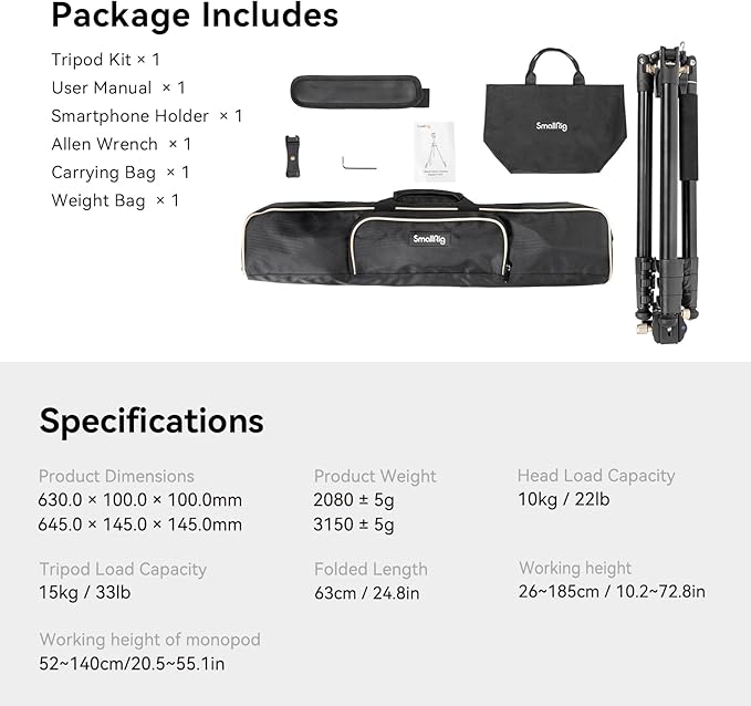 SmallRig CT200 72.8"/200cm Horizontal Overhead Tripod for Camera with Smartphone Holder & Carrying Bag, 33lb Max Load Aluminum Horizontal Camera Tripod for Overhead Shots