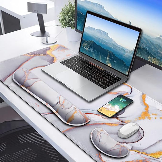 Gimars 4 in 1 Mouse Pad and Keyboard Wrist Rest Set, Large Mouse Pad with Memory Foam Wrist Support Pad for Desk with Coaster, Easy Typing Pain Relief, Gaming Office Home, 31.5x12 inch, Cloud Golden