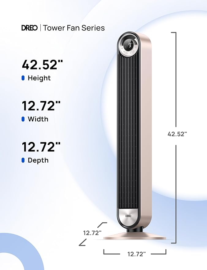 Dreo Tower Fan for Bedroom, 90ยฐ Oscillating Standing Fan with 28ft/s Velocity, 25dB Quiet for Sleep, DC Motor, 9 Speeds, 4 Modes, 12H Timer, Voice & APP & Remote Control, 42" Cruiser Pro T2 S