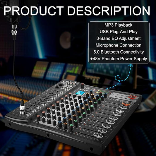 8 Channel Professional Audio Mixer with 48V Phantom Power, USB Audio Interface, Bluetooth & MP3 Player, Sound Board for Podcast, Home Studio, Live Streaming & Recording