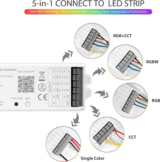 XXK LM052 ZigBee 3.0 LED Strip Controller RGB CCT RGBW 5in1 Dimmable Compatible with Smart Life APP/Alexa Echo/Google Assistant Home/Siri, DC12-24V Lights Controller(Require ZigBee Hub)