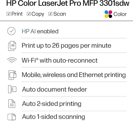 HP Color LaserJet Pro MFP 3301sdw Wireless All-in-One Color Laser Printer, Office Printer, Scanner, Copier, ADF, Duplex, Best-for-Office (499Q3F)