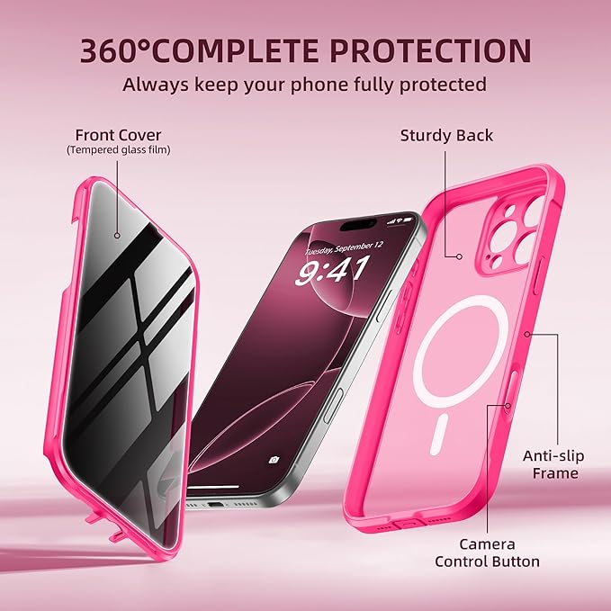 BERFY Magnetic for iPhone 16 Pro Case, Compatible with MagSafe, Built-in Privacy Screen Protector and Upgraded Camera Protection, Anti-Spy Full Body Shockproof Phone Case for 16 Pro 6.3", Hot Pink
