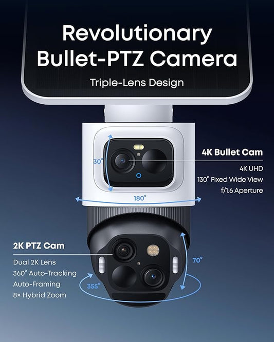 eufy Security eufyCam S4 4-Cam Kit,4K Solar Camera Wireless Outdoor, Triple Lens Bullet-PTZ Cam, 360° View, Cross-Cam Track, Al Recognition, 8X Zoom, Color Night Vision, 0 Monthly Fee, Local Storage