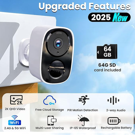 2025 Upgraded 2K Wireless Security Camera with 64G SD Card, Free Cloud Storage, 1-6 Month Battery Life, AI Motion Detection, Spotlight, Siren Alarm, 2-Way Audio, Waterproof WiFi Surveillance Camera