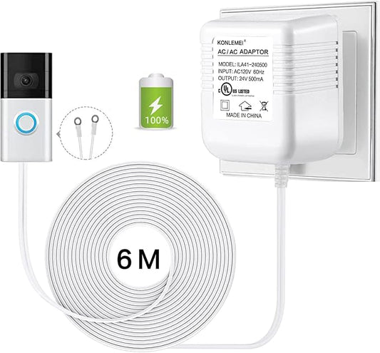 KONLEMEI Doorbell Power Adapter, 24V Transformer Compatible with Video Doorbell, 20ft/6M,White