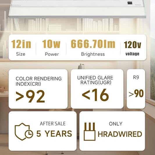 Ansen Hardwired Under Cabinet Lighting, 12in 10W LED Light for Kitchen/Closet, 666.7lm, CRI>92, R9>90, Dimmable, 3 Color Temperature, 3000K/4000K/5000K(Warm White, Cool White, Daylight)